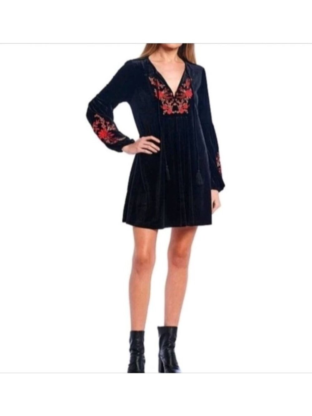 Chelsea & Violet Black Velvet Tunic Mini Dress XL Embroidery Bishop Tassel Boho